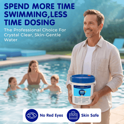 Man holding a pool maintenance product with family in the background by a pool, text about pool care.